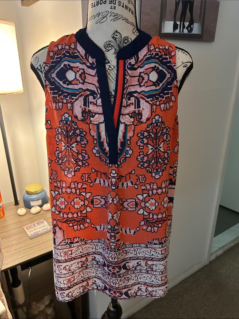 Olive & Oak Orange Navy Printed Sleeveless Tunic